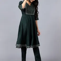 V TRADITION Embroidered V-Neck A-Line Kurta with Trousers image 2