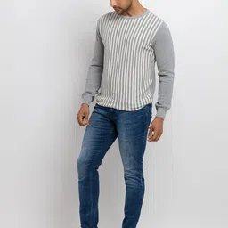 Status Quo Men Grey & Off White Striped Round Neck Sweater image 5