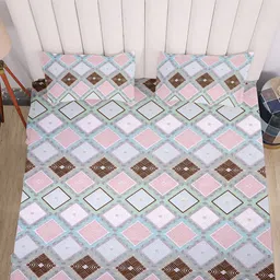 RD TREND Lime Green Floral & Beige 210 TC Fitted Cotton King Bedsheet with 2 Pillow Covers image 3