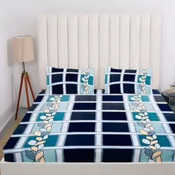 RD TREND Green & Blue Checked 210 TC King Fitted Bedsheet with 2 Pillow Covers image 4