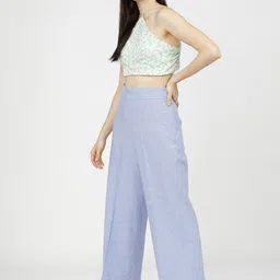 Tokyo Talkies Women Blue Flared High-Rise Easy Wash Parallel Cotton Linen Trousers image 5