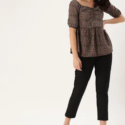 Taavi Women Brown & Black Ajrakh Hand Block Print A-line Sustainable Pure Cotton Top with Gathers image 5