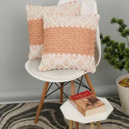 eyda 2 Pcs White & Peach-Coloured Quirky Cotton Square Cushion Covers image 2