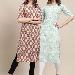 7threads KALINI Women Pack Of 2 Beige & Blue Floral Crepe Kurta-picture-28