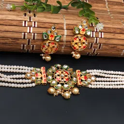 Ozanoo Gold-Plated Kundan-Studded & Pearl Beaded Meenakari Jewellery Set-picture-16