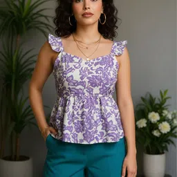 Party Ruffled Sleeves Printed Women Purple Top-image-6
