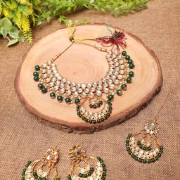 Swarajshop Gold-Plated Kundan Studded & Beaded Jewellery Set-image-11
