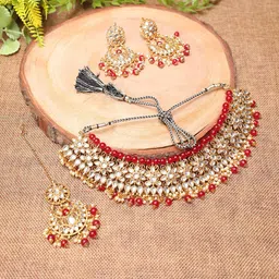 Swarajshop Gold-Plated Kundan Stone-Studded & Beaded Necklace Set-picture-24