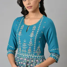 W Teal Ethnic Motifs Chiffon Ethnic Maxi Dress image 2
