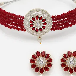 ZENEME Silver-Plated & Red Stone Studded Jewellery Set image 3
