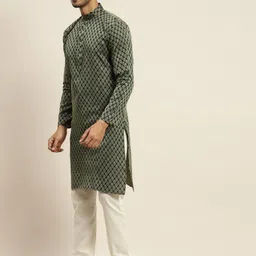 SOJANYA Men Green Kurta with Churidar & Nehru Jacket image 5