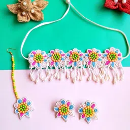 Sangria Gold-Plated Beaded Tasseled Necklace And Earrings With Maang Tika-image-97
