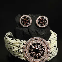 justpeachy Gold-Plated Black & Off-White AD Studded Jewellery Set-picture-51
