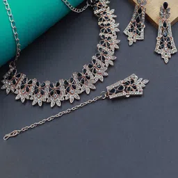 Rhymee Rose Gold-Plated AD Stone-Studded Choker Necklace With Earrings & With Maang Tika-picture-11