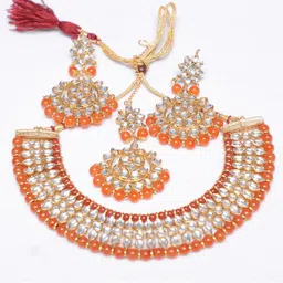 Swarajshop Gold-Plated Orange & White Kundan-Studded Jewellery Set-picture-14