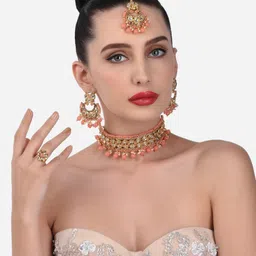 Zaveri Pearls Gold-Plated Peach Stone Studded & Beaded Jewellery Set-picture-10