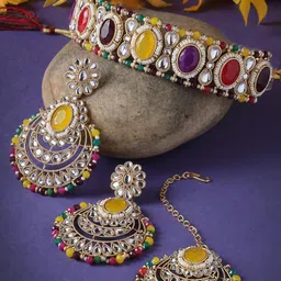 Sukkhi Gold-Plated Stone-Studded & Beaded Necklace With Earrings And Maang Tika-picture-19