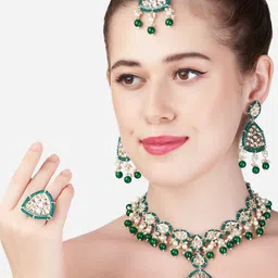 Zaveri Pearls Gold-Plated Green Kundan Studded & Beaded Jewellery Set-picture-17