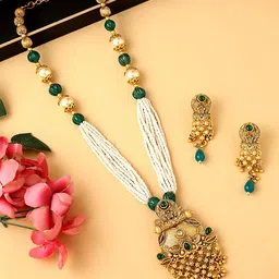 Yellow Chimes Gold-Plated Green & White Pearl Beaded Jewellery Set image 2
