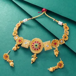 aadita Gold-Plated Pink & Green Stone Studded Jewellery Set-image-24