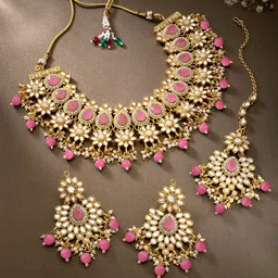 PEORA Pink & White Gold Plated Kundan Pearls Jewellery Set image 1
