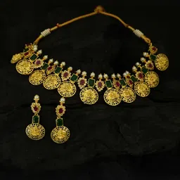 justpeachy Gold-Plated Green & Pink Stone-Studded Jewellery Set-picture-39