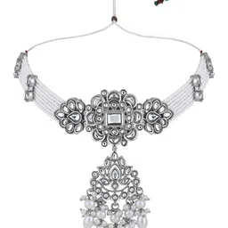 I Jewels Silver-Plated Kundan Studded & Pearls Beaded Jewellery Set image 2