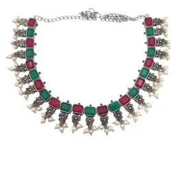 GRIIHAM Silver-Plated German Silver Stone-Studded & Beads Oxidised Navaratna Jewellery Set image 2