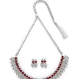 ZENEME Silver-Plated Red Kundan-Studded Temple Coin Jewellery Set image 3