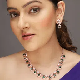 AQUASTREET Rose Gold-Plated AD Stone-Studded Handcrafted Emerald Jewellery Set image 1
