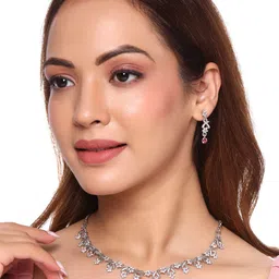 Yellow Chimes Silver-Plated Pink & White Crystal Studded Jewellery Set-picture-53
