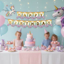 festylo Unicorn Theme Happy Birthday Banner for Girls, Kids Birthday Decoration, Rainbow Unicorn Party Backdrop FYHB-112-BNR image 4