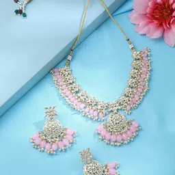 Yellow Chimes Gold-Plated Kundan-Studded & Beaded Jewellery Set image 1