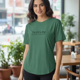 myo2 Women Printed Round Neck Polyester Light Green T-Shirt image 1