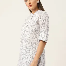 Rue Collection Off White & Grey Floral Print Roll-Up Sleeves Shirt Style Top image 3