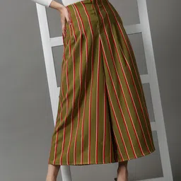 SHOWOFF Women Olive Green Striped Loose Fit Pleated Culottes Trousers-image-26