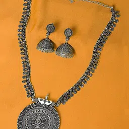 Yellow Chimes Oxidised Silver-toned  Handcrafted Classic Design Long Jewellery  Set image 4