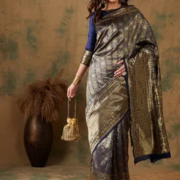 Ishin Navy Blue Ethnic Motifs Woven Design Zari Banarasi Saree-picture-12