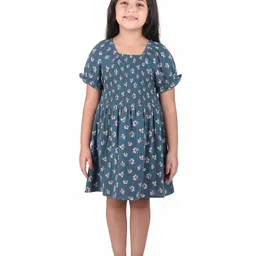 Miyo Girls Blue Floral Print A-Line Dress-image-11