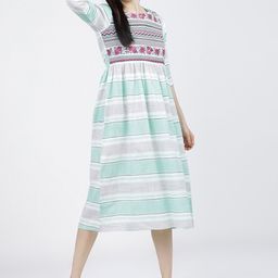 Vishudh Cream-Coloured & Blue Striped A-Line Midi Dress-picture-41