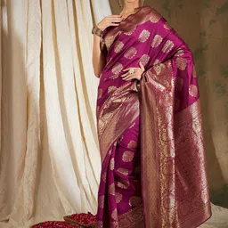 Ishin Burgundy Ethnic Motifs Woven Design Zari Banarasi Saree-picture-25