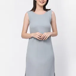 LELA Round Neck Striped A-Line Dress With Slits-image-20
