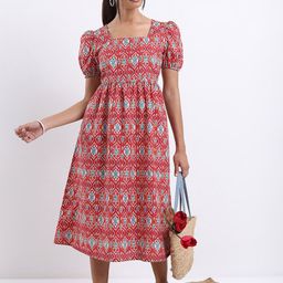 Vishudh Rust Ethnic Motifs Printed Square Neck Midi A-Line Dress-picture-12