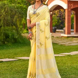 Ishin Yellow Floral Embroidered Zari Saree-image-89