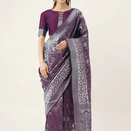 HERE&NOW Purple & Silver-Toned Floral Woven Design Zari Kanjeevaram Saree-picture-19