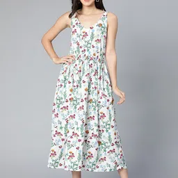 Oxolloxo White Floral Printed Satin Midi Dress-image-21