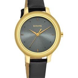 Sonata Women Gold-Toned Brass Embellished Dial & Black Leather Straps Analogue Watch-picture-42