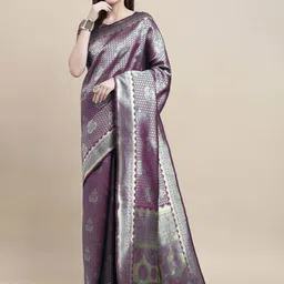 HERE&NOW Purple & Gold-Toned Floral Woven Design Zari Banarasi Saree-picture-22