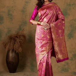 Ishin Pink Ethnic Motifs Woven Design Zari Banarasi Saree-picture-27