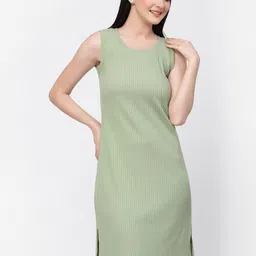 LELA Green Round Neck Striped A-Line Dress-picture-30